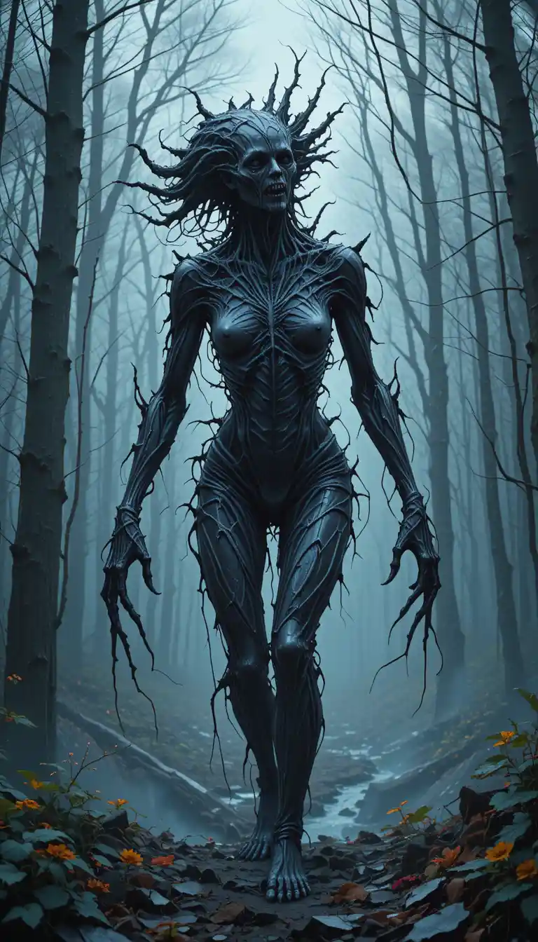 Distorted monster dragging itself through a shadowy forest