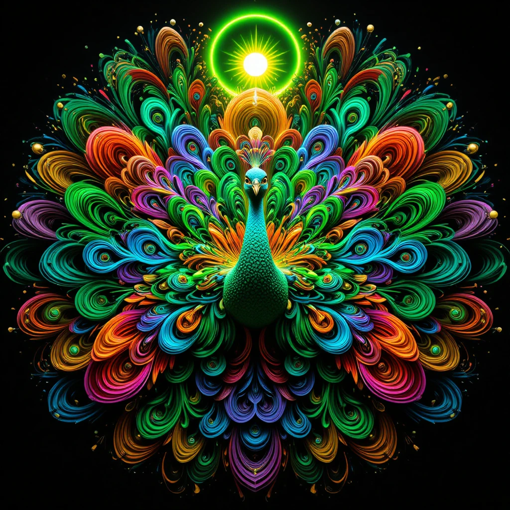 Psychedelic Green Peacock In Radiant Mandala Symmetry