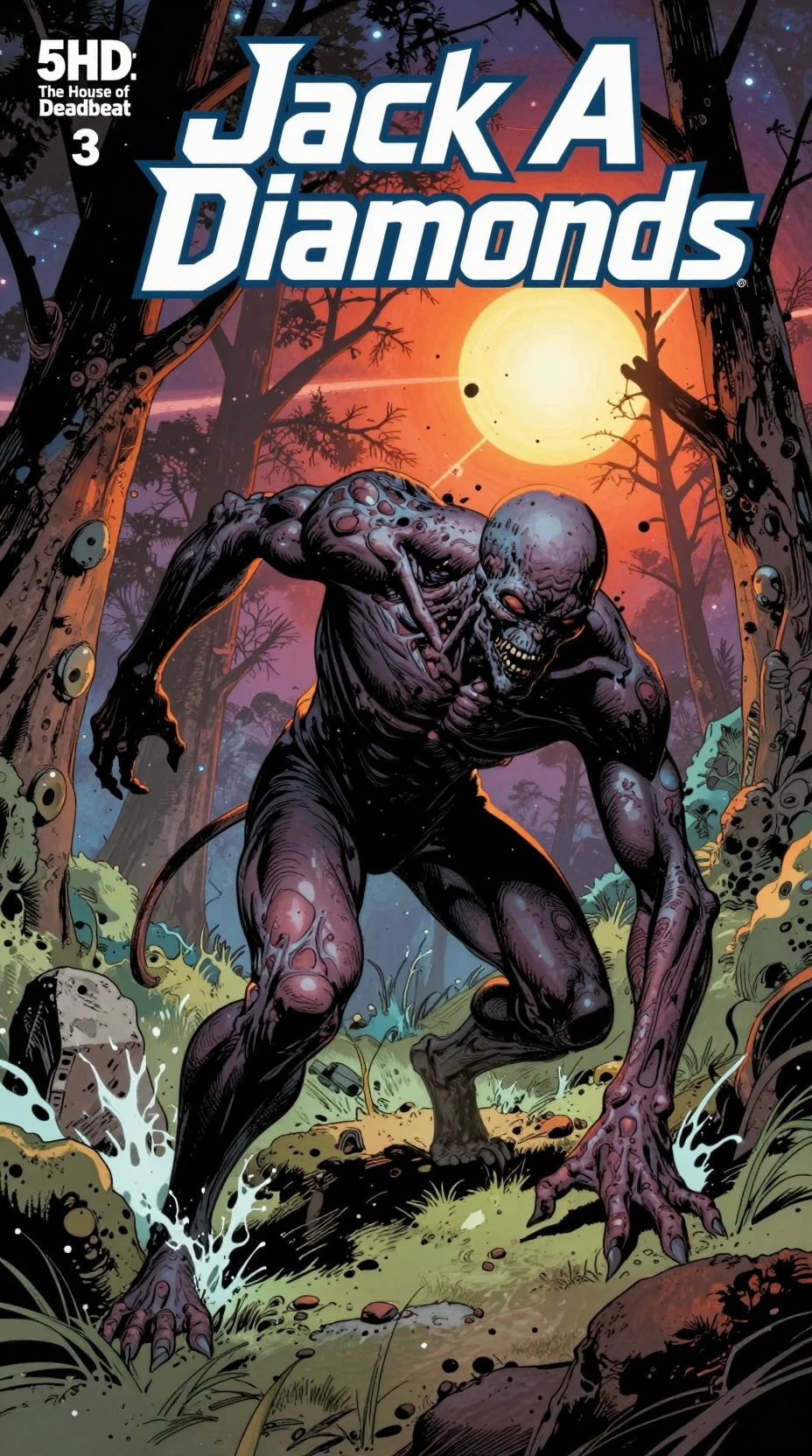 Horrific space monster dragging itself through alien trees