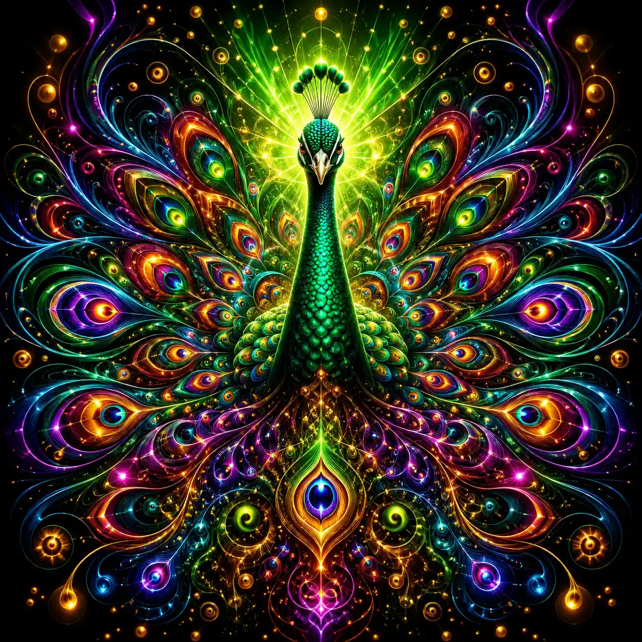 Psychedelic Peacock In Radiant Symmetrical Neon Feathers