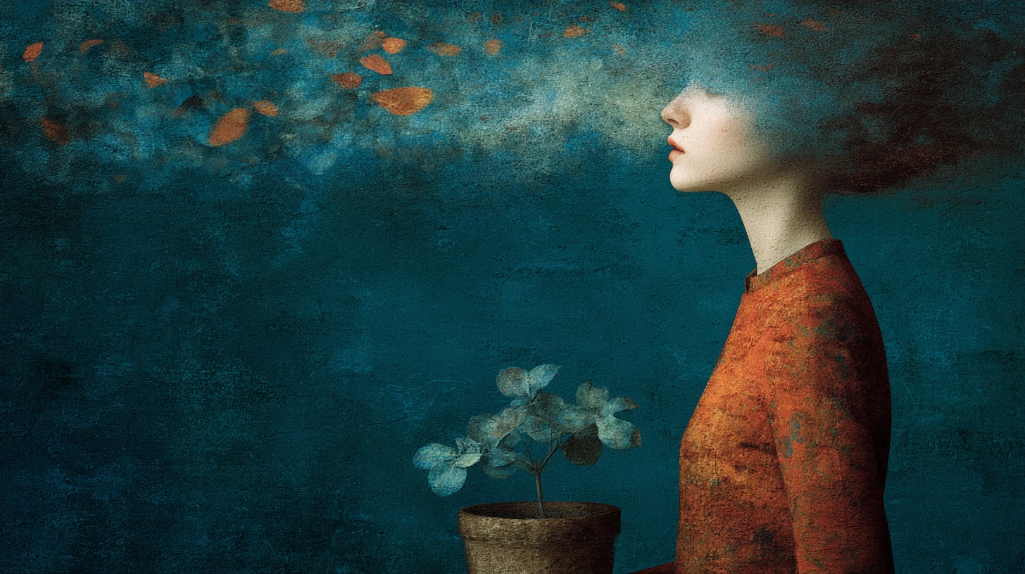 Surreal melancholic figure in a dark dreamless void