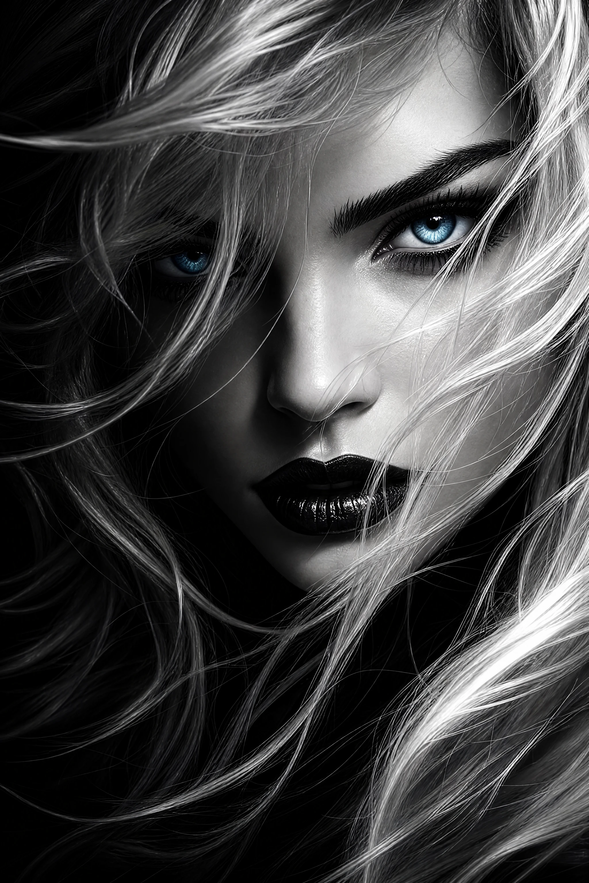 Intense woman portrait with flowing silver white hair