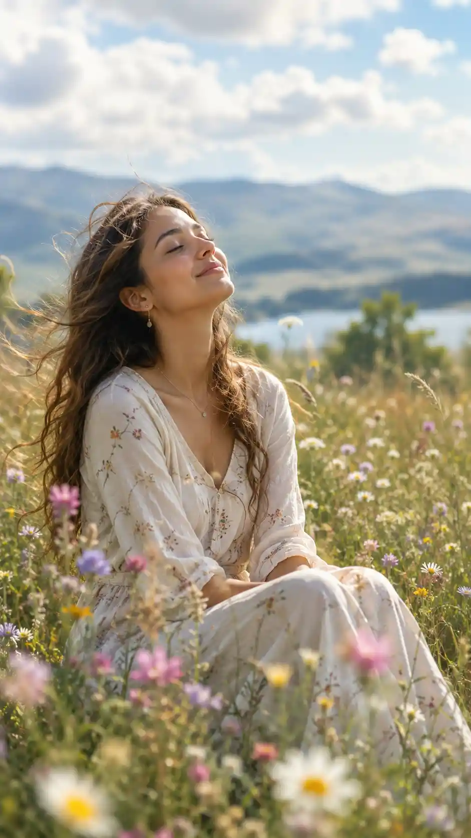 Calm young woman sitting peacefully in a flower meadow