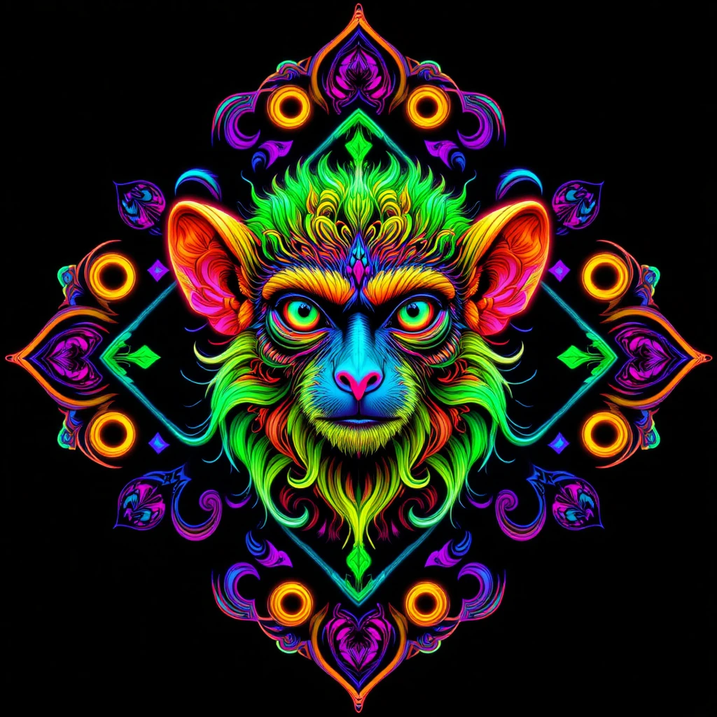 Psychedelic neon tamarin head in glowing mandala