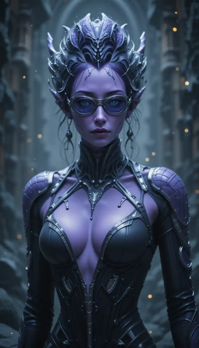 Violet Skinned Alien Diplomat In Sleek Futuristic Attire