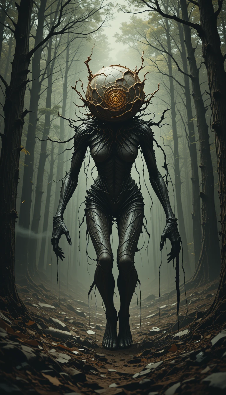 Slipstream warped monster dragging itself through a dark forest