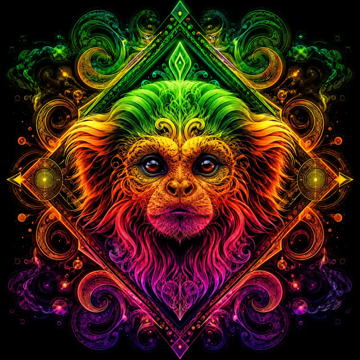 Psychedelic Tamarin Monkey Mandala With Neon Glow