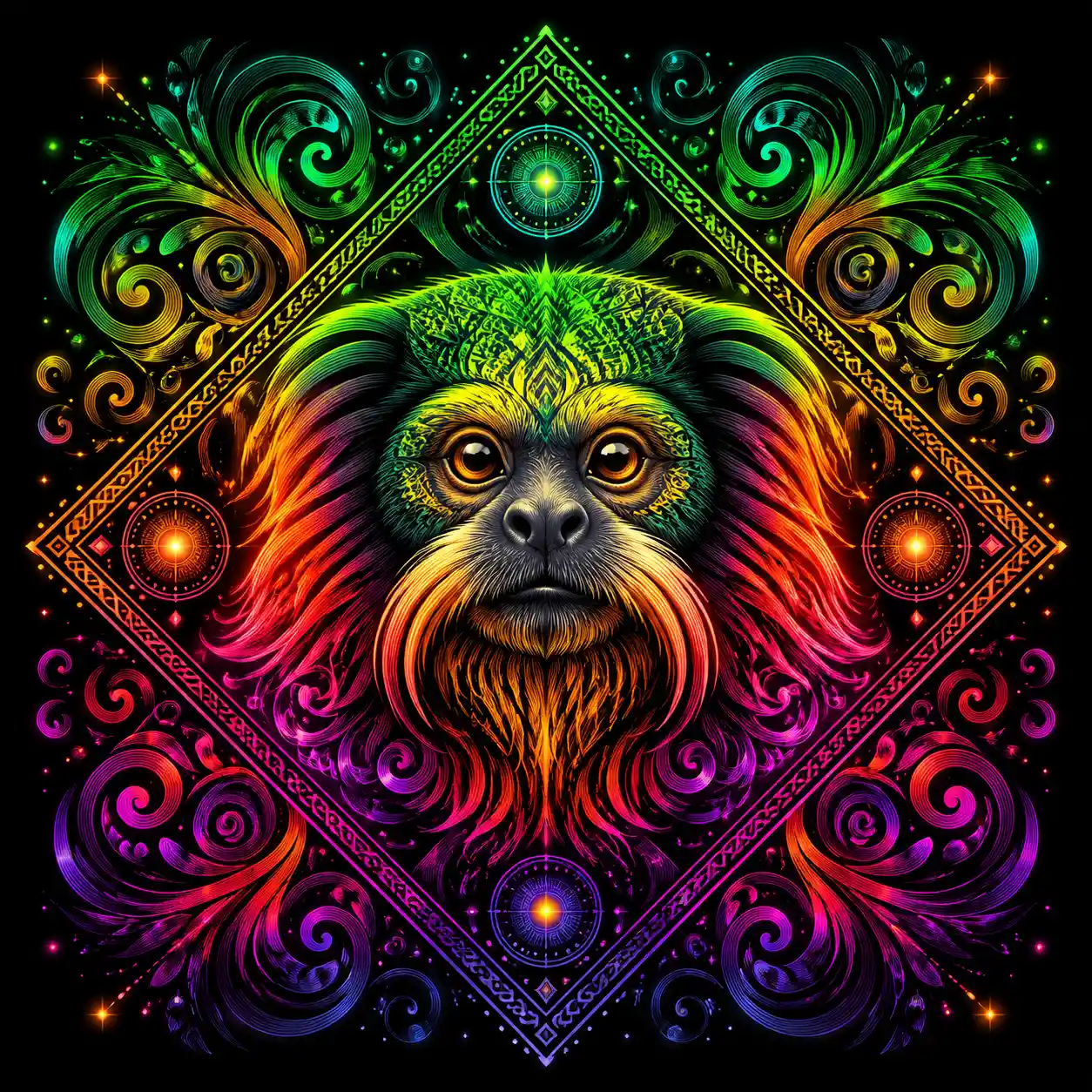 Psychedelic tamarin portrait with glowing mandala patterns