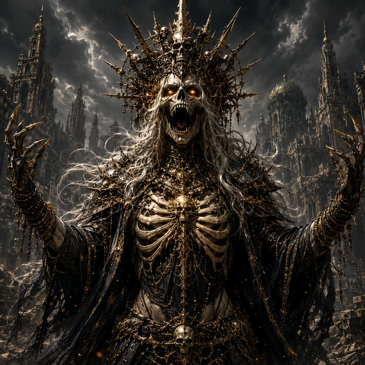 Skeletal demon queen in armor over ruined fantasy city