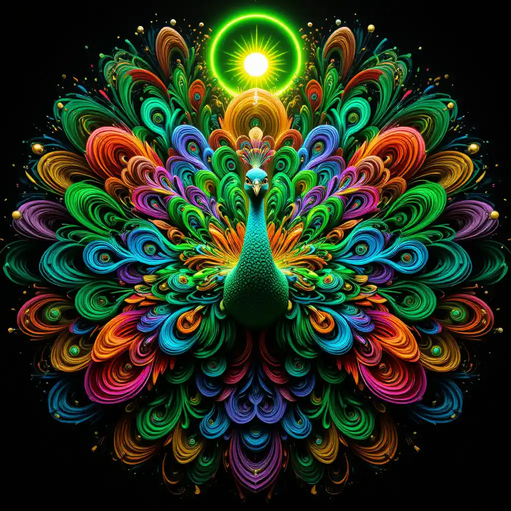 Psychedelic Green Peacock In Radiant Mandala Symmetry