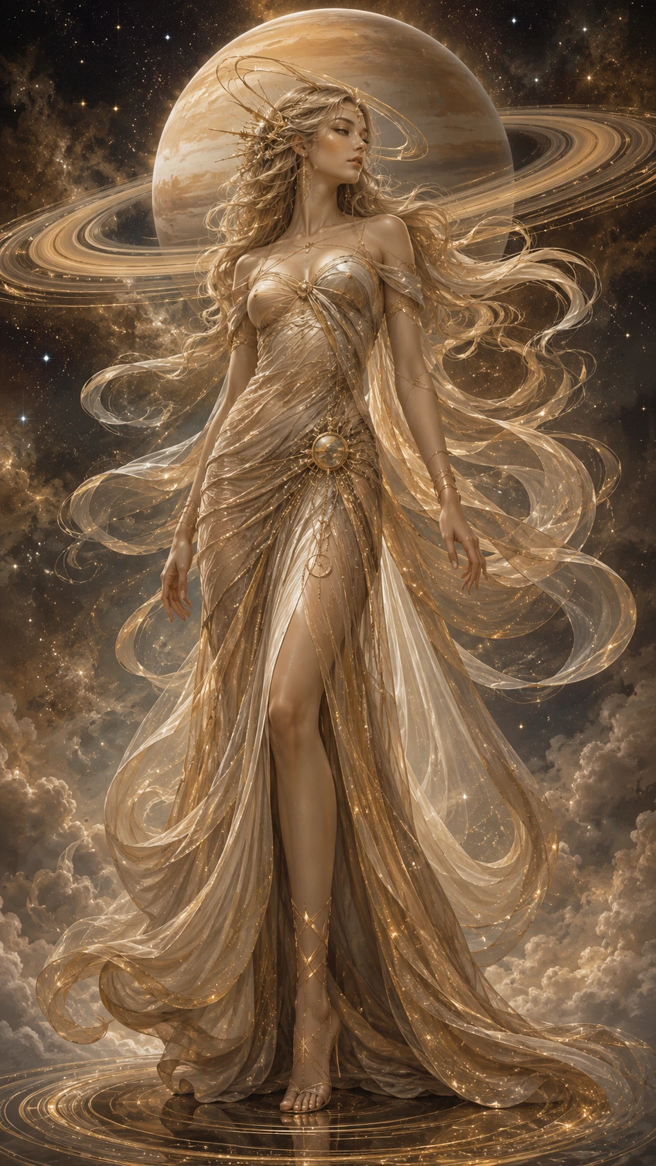 Mujer elegante que encarna el espíritu místico de Saturno