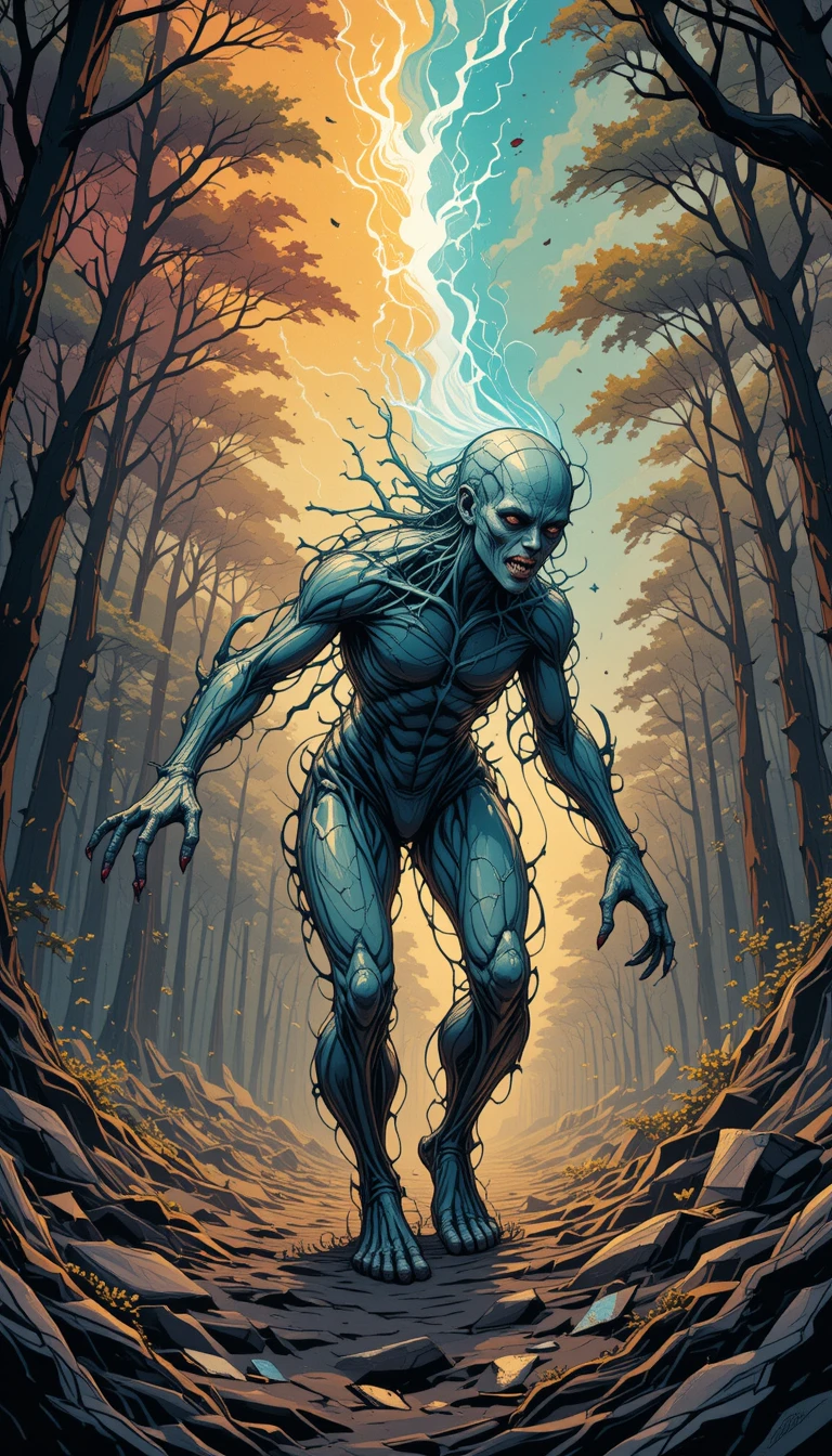 Distorted cosmic creature dragging itself through a dark forest