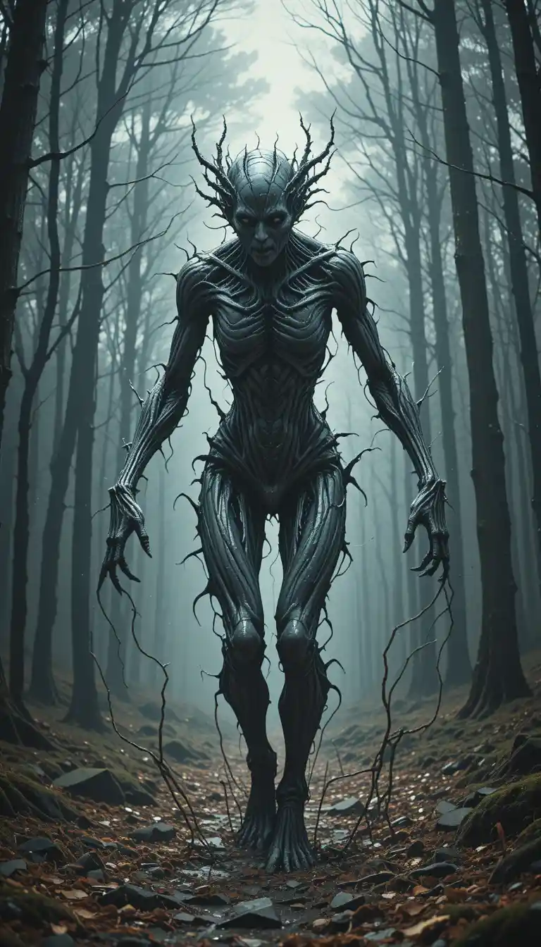 Distorted monster dragging its shifting body through trees