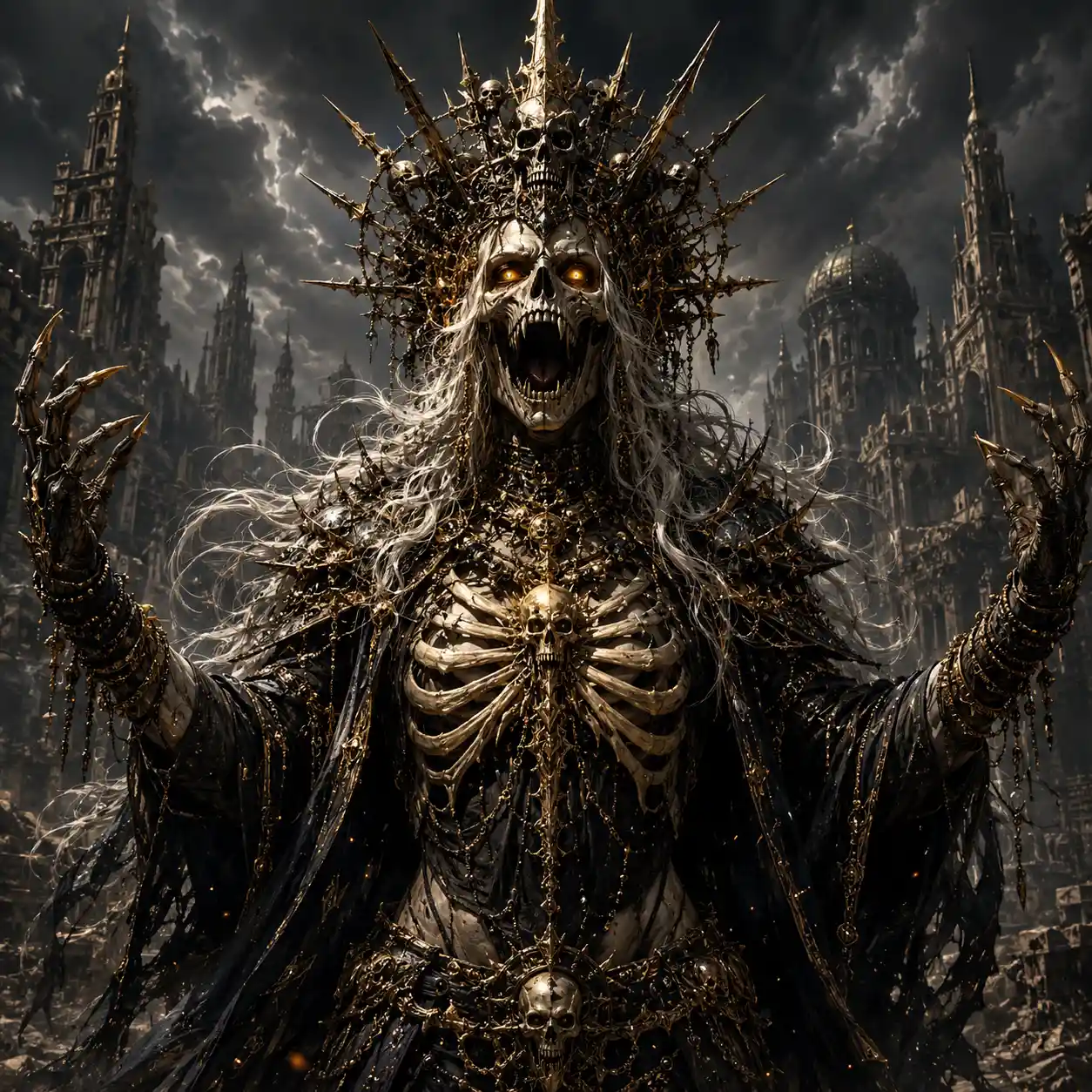 Skeletal demon queen in armor over ruined fantasy city