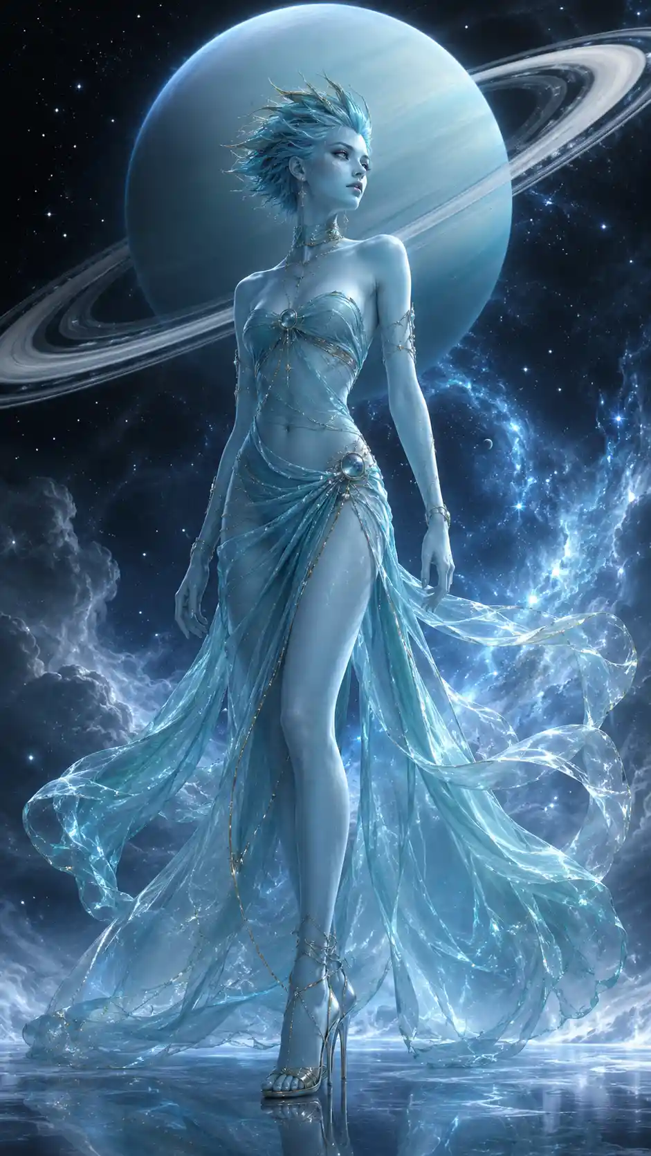 Tall turquoise woman inspired by the planet Uranus