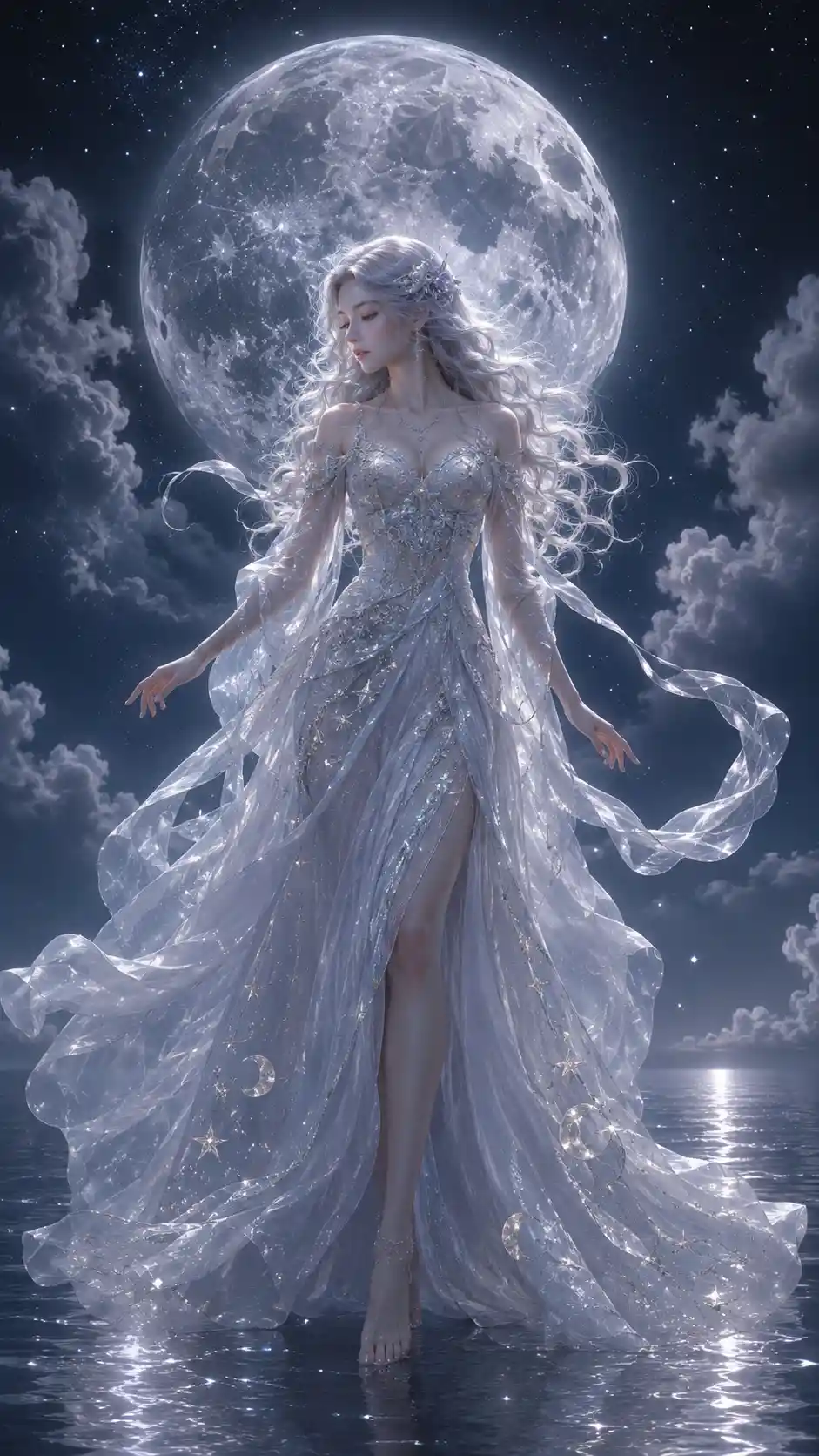 Serene full body portrait of a woman embodying the moon