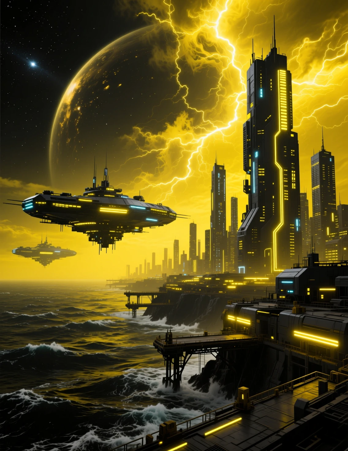 Futuristic space station above a vast alien ocean