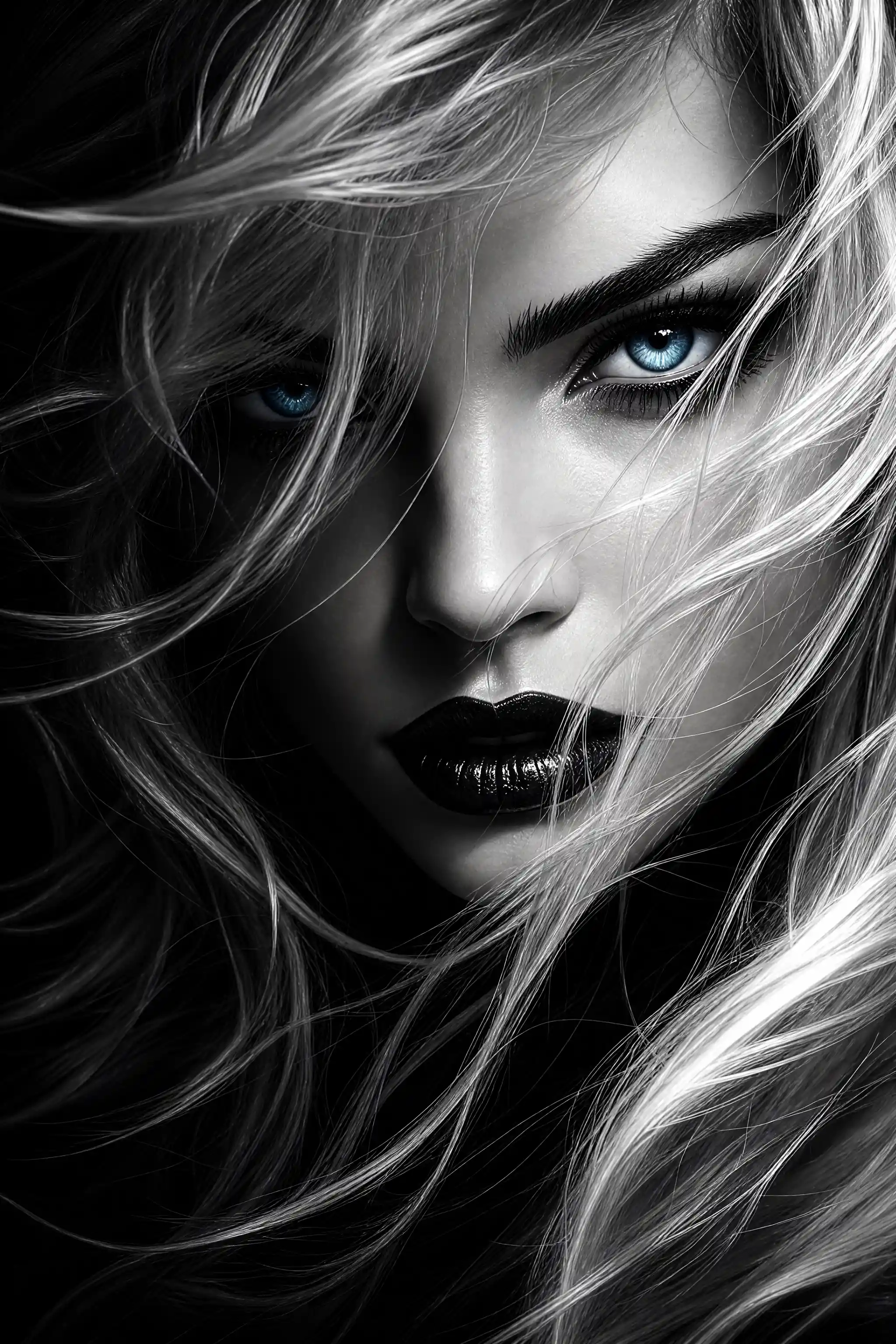 Intense woman portrait with flowing silver white hair