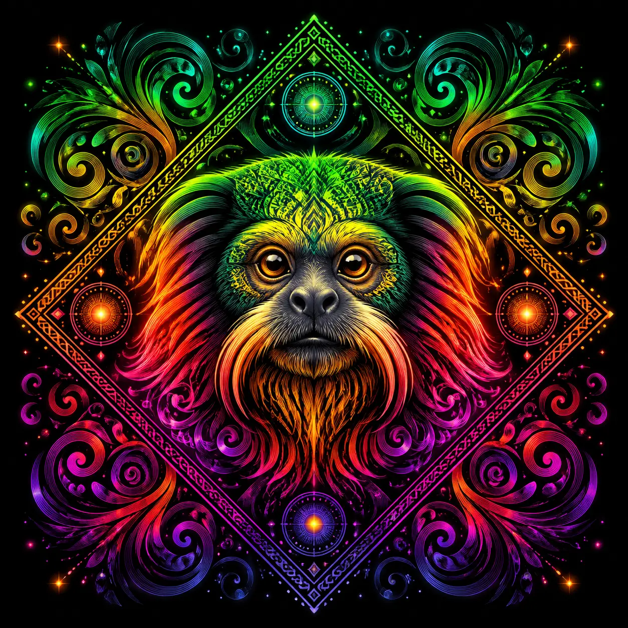 Psychedelic tamarin portrait with glowing mandala patterns