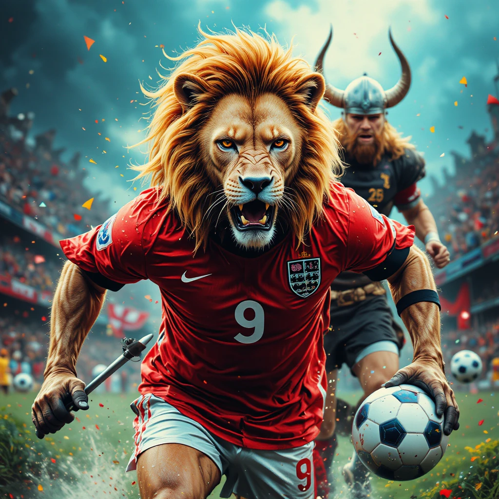 Lion footballer in England kit charging a Viking opponent