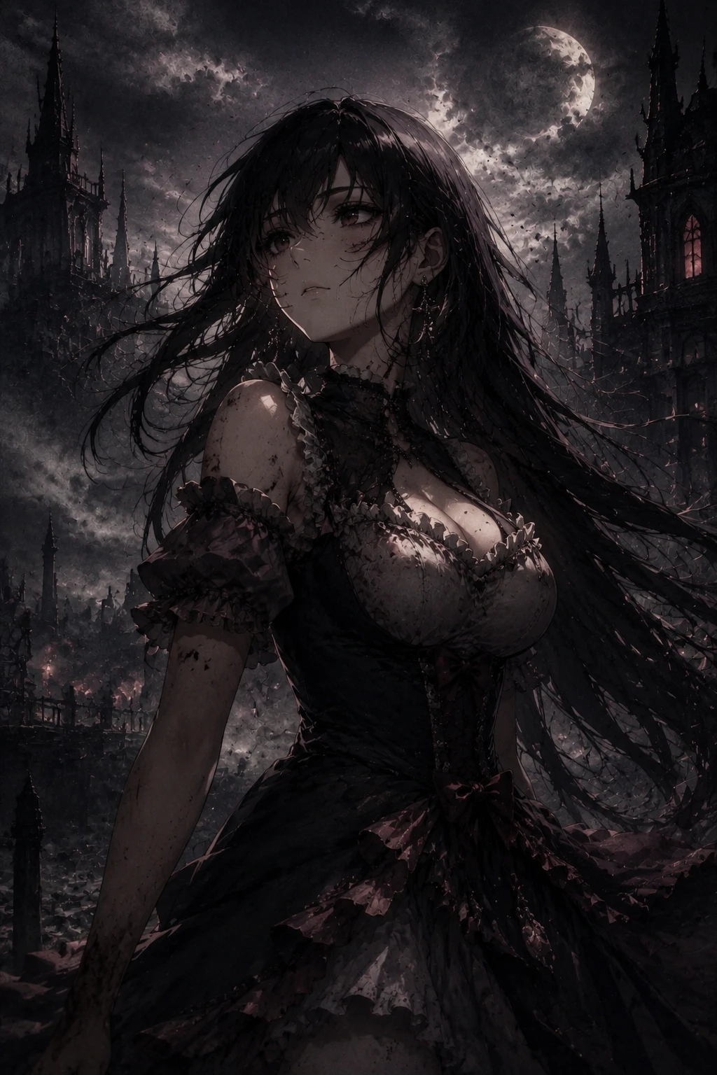 Anime woman in a cute dress against a gloomy abstract landscape