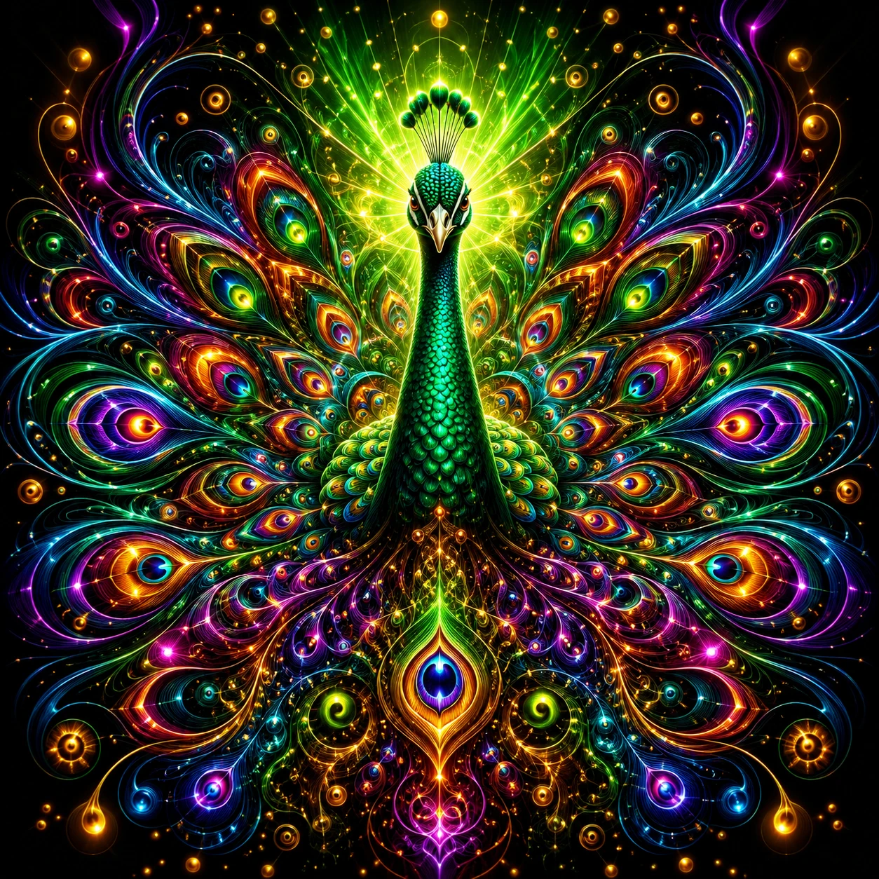 Psychedelic Peacock In Radiant Symmetrical Neon Feathers