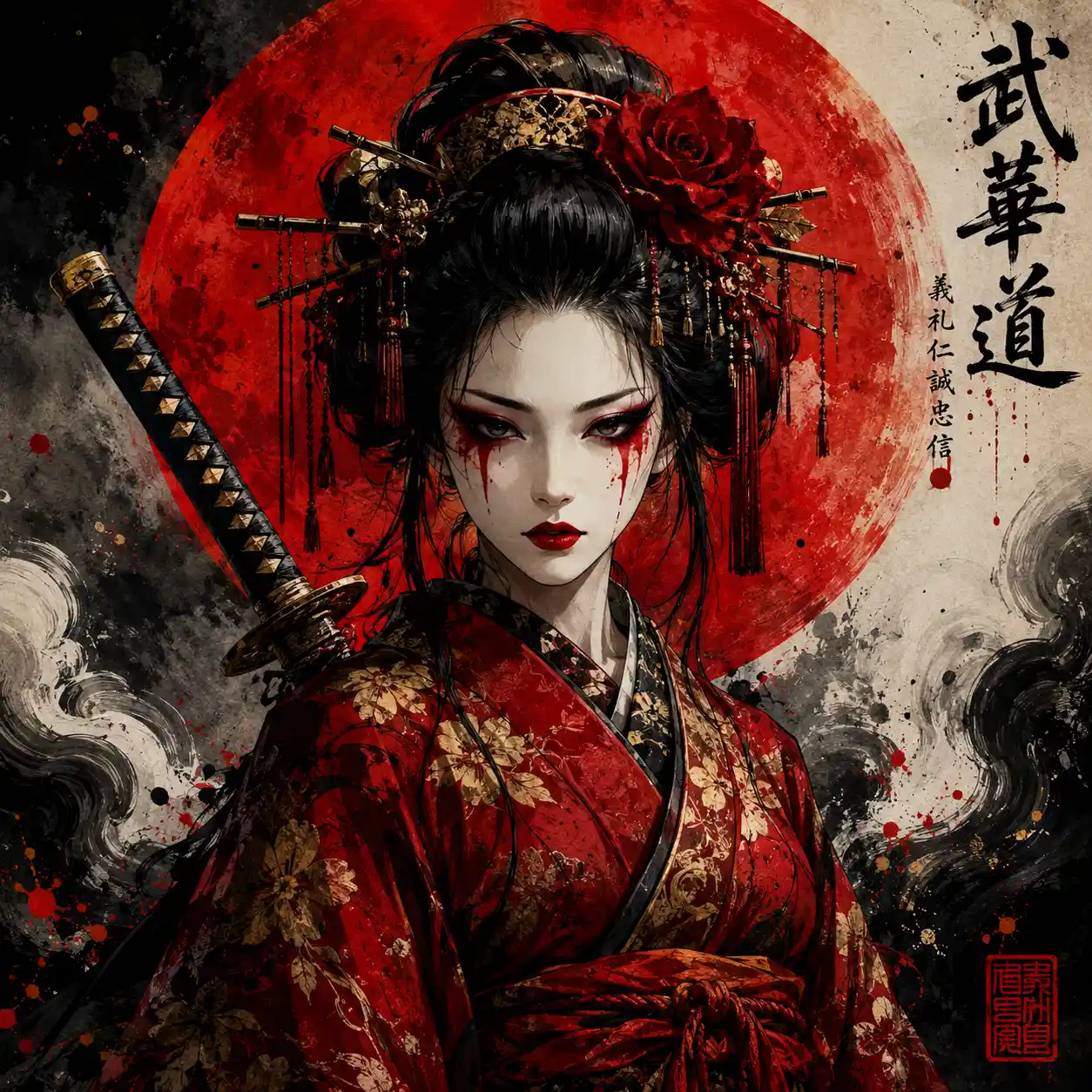 Japanese geisha warrior in red kimono with katana portrait