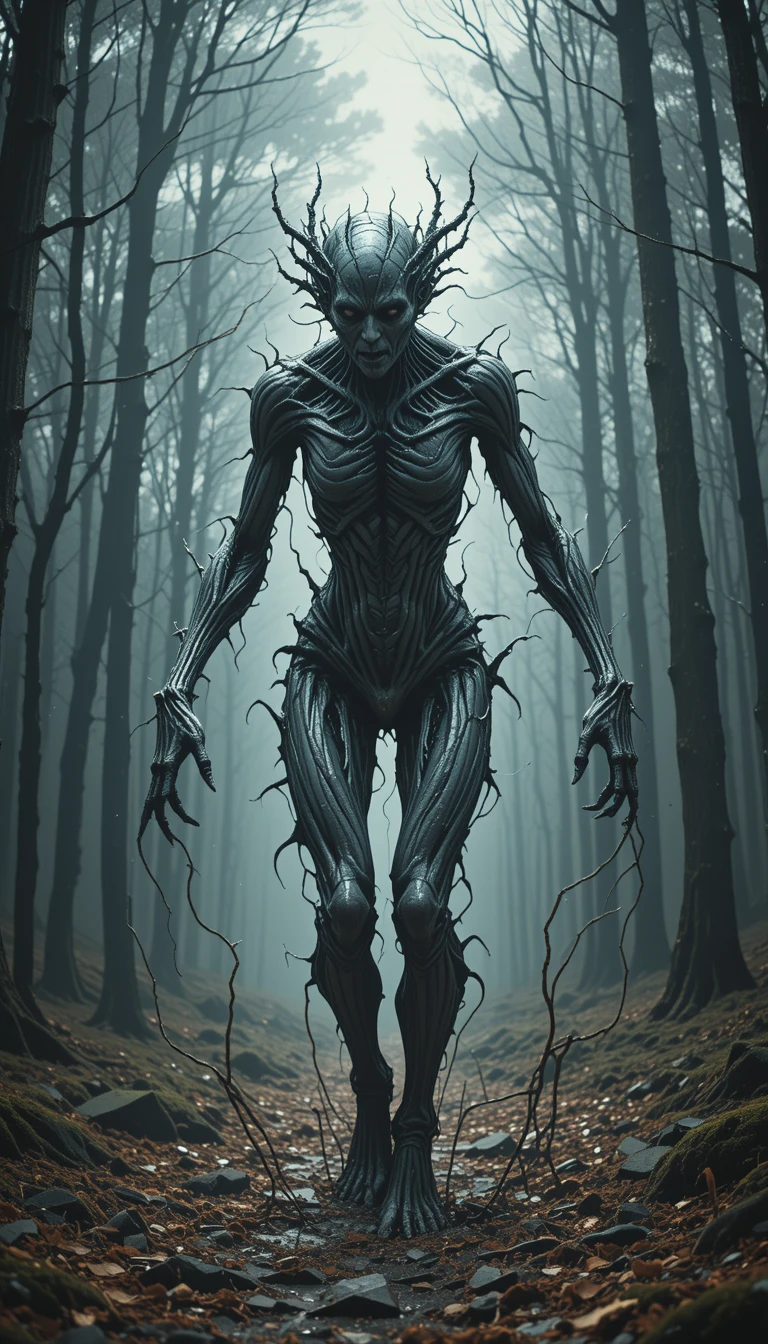Distorted monster dragging its shifting body through trees