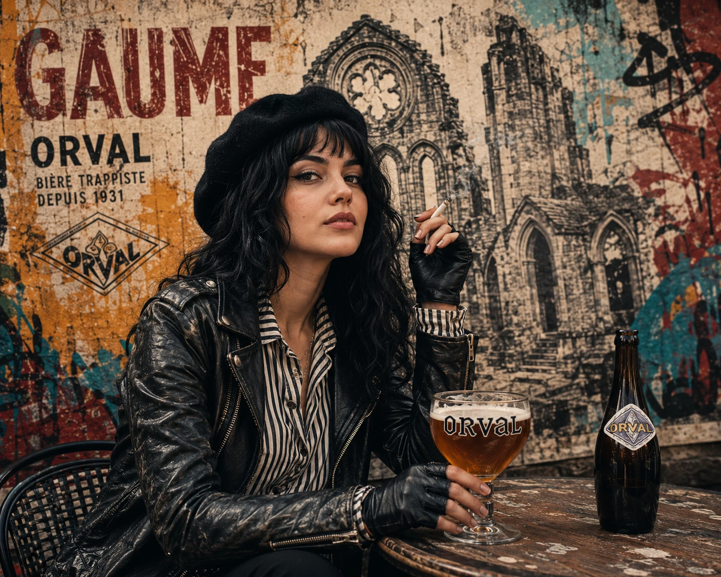 Stylish woman smoking at a Paris street cafe table