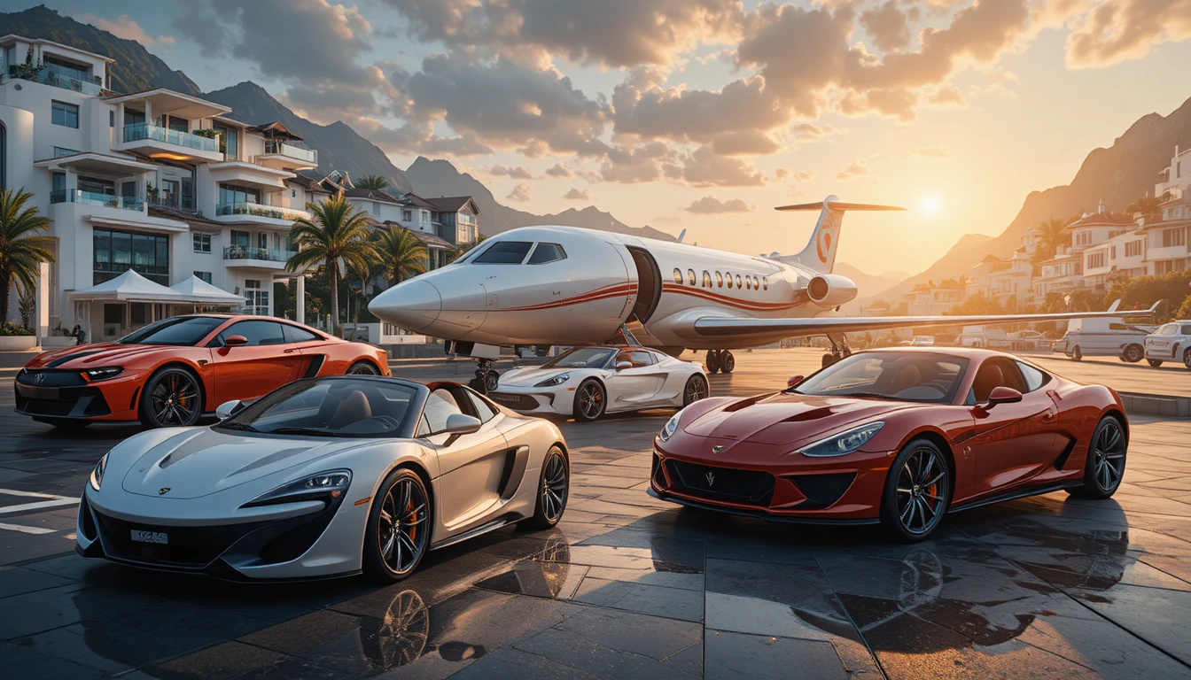 Luxury sports cars and glamorous lifestyle city collage