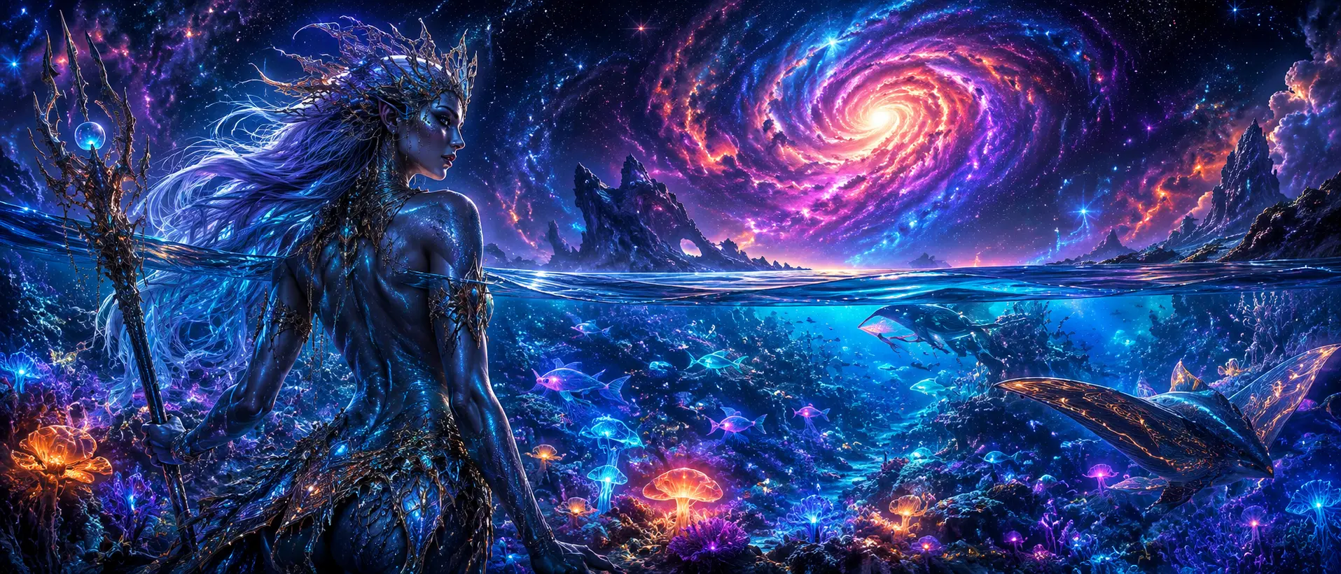 Bioluminescent Coral Reef With Alien Fish Under Cosmic Sky