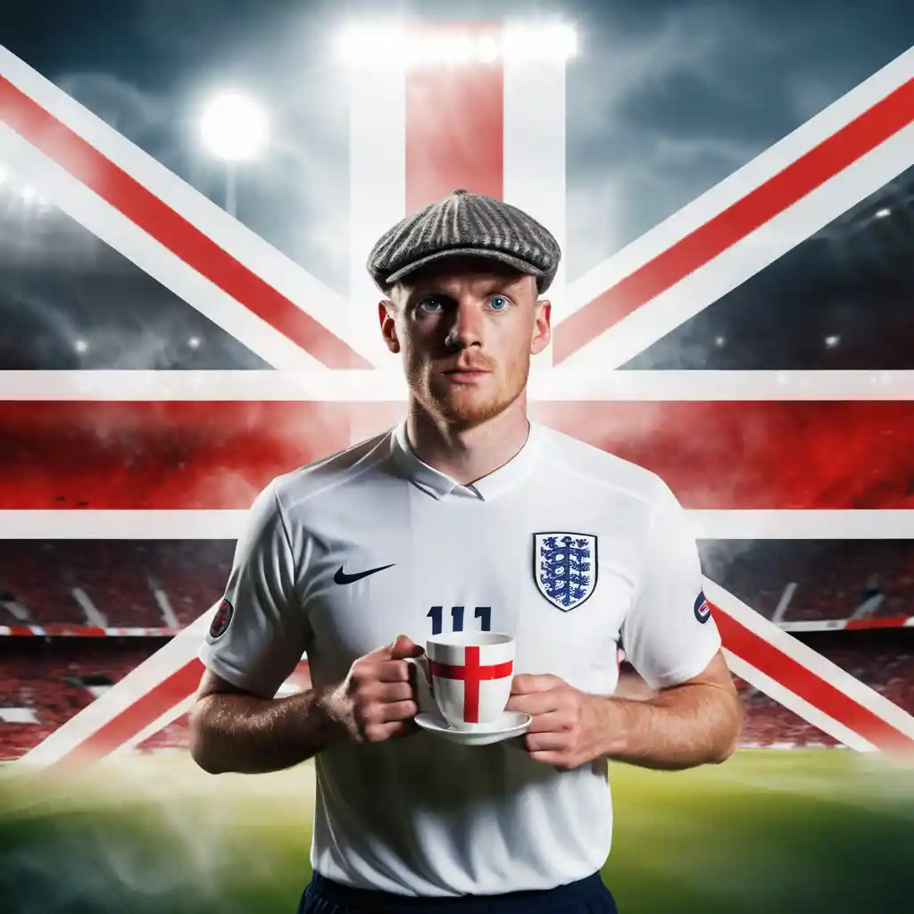 England football fan on trading card with world cup background