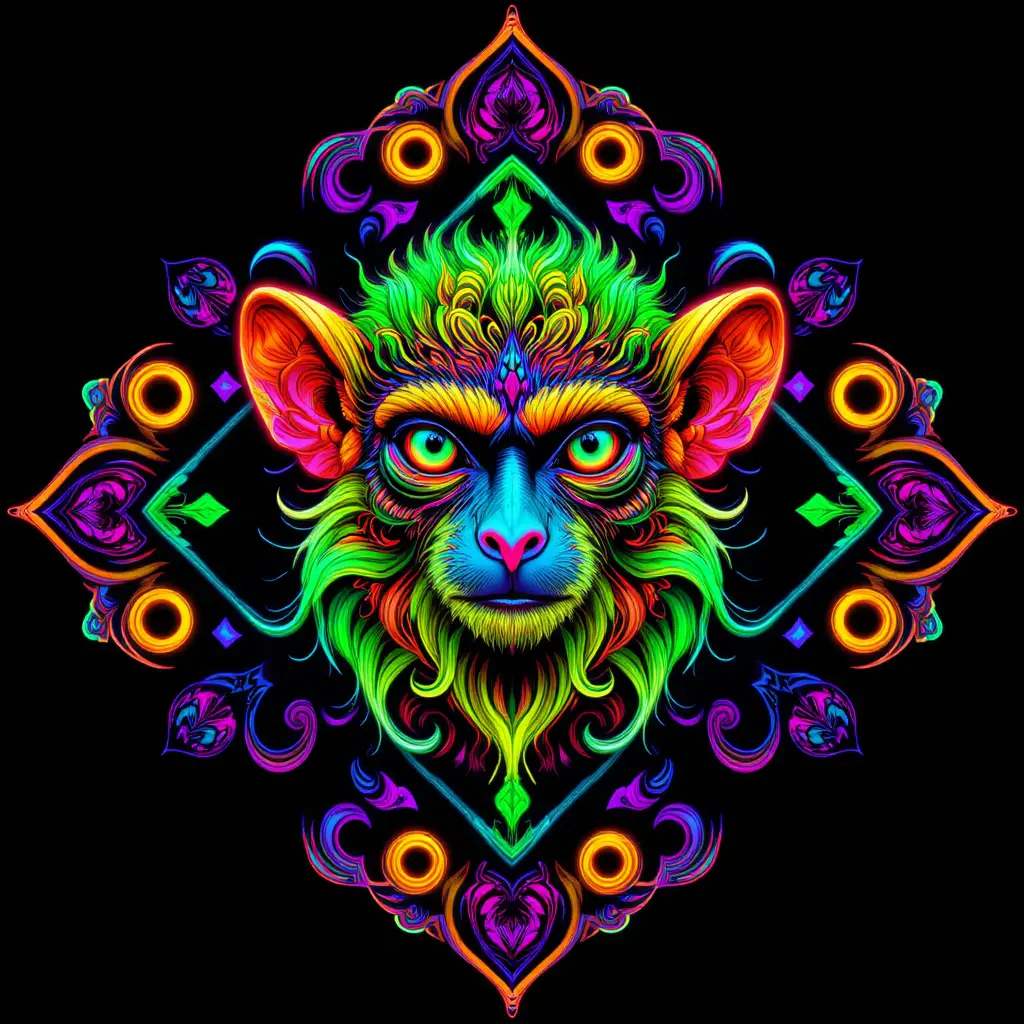 Psychedelic neon tamarin head in glowing mandala