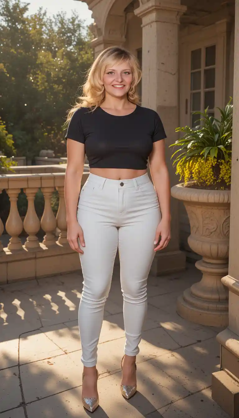 Confident woman posing on a sunlit garden terrace