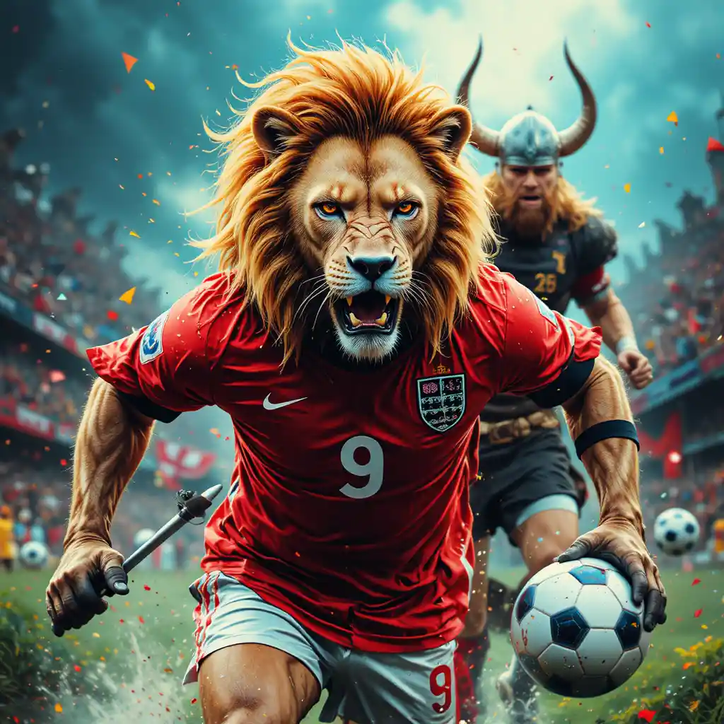 Footballeur lion en maillot de l’Angleterre charge un adversaire viking