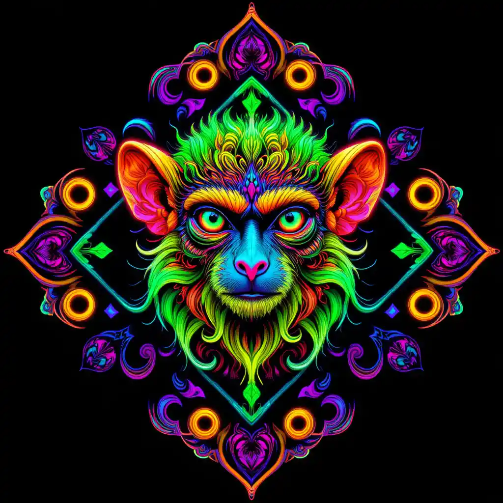 Psychedelic neon tamarin head in glowing mandala