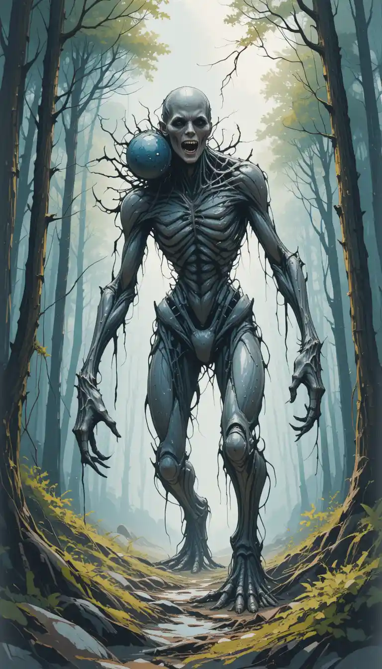 Slipstream warped monster dragging itself through a dark forest