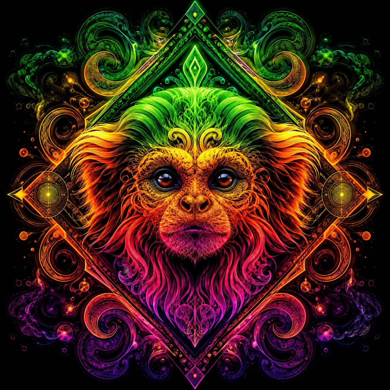 Psychedelic Tamarin Monkey Mandala With Neon Glow