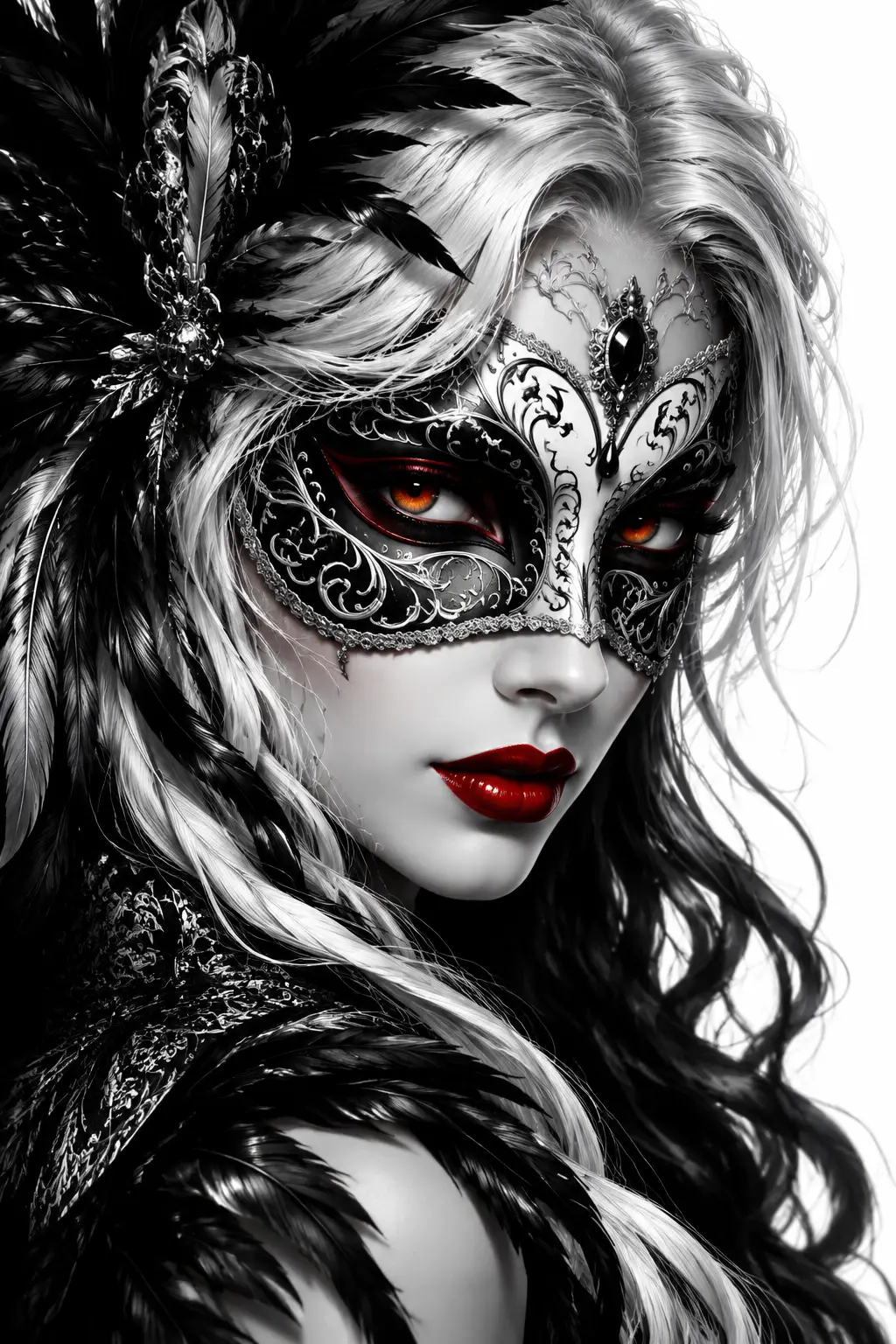 Masked woman close up portrait with dramatic contrast