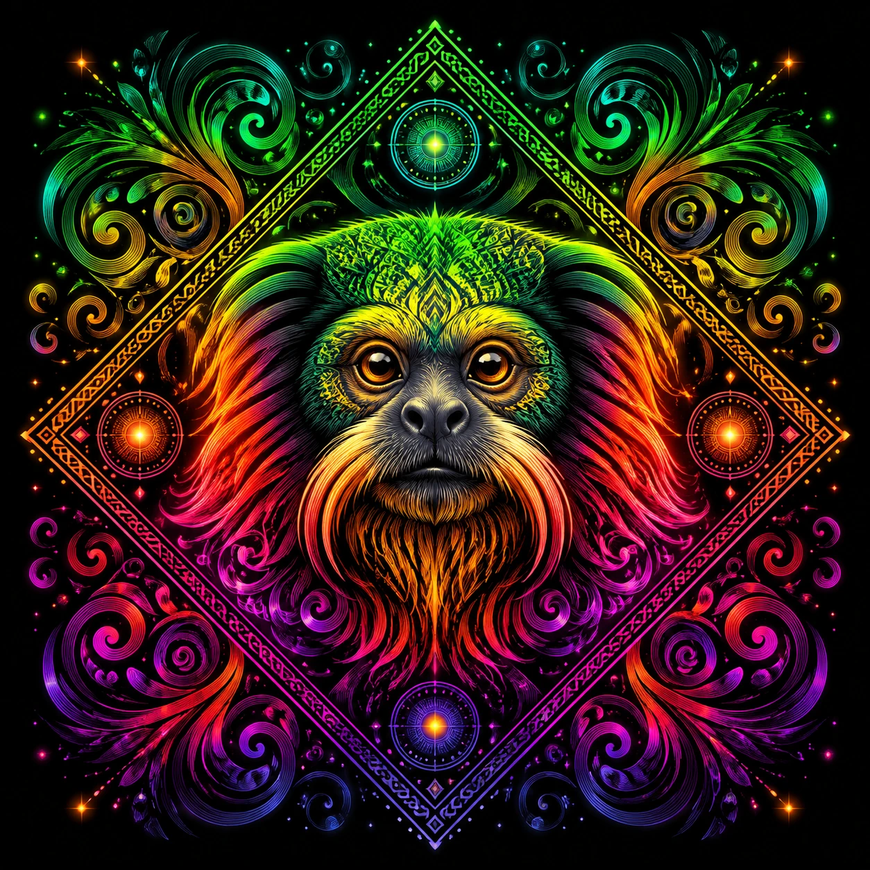 Psychedelic tamarin portrait with glowing mandala patterns