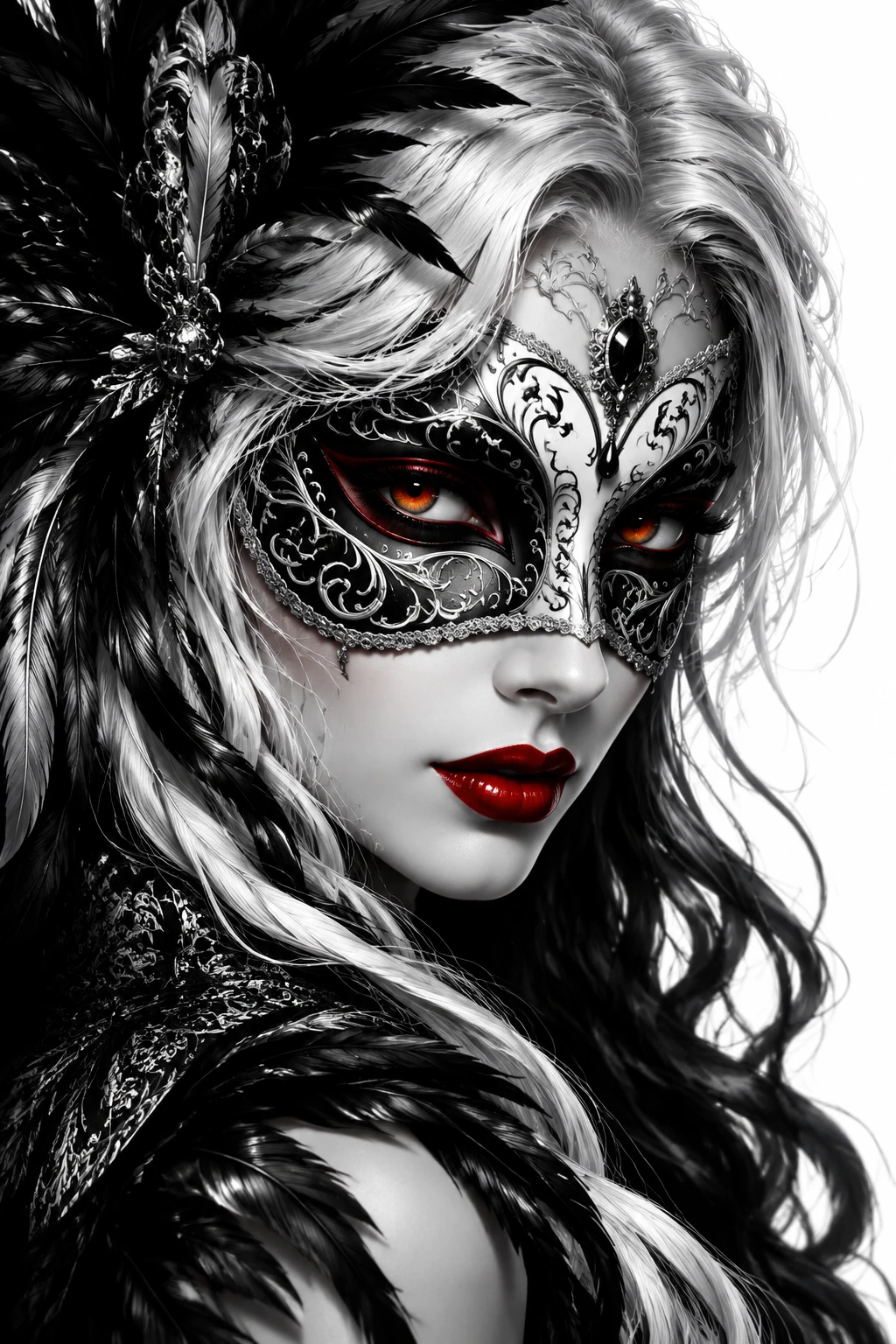 Retrato en primer plano de mujer enmascarada con contraste dramático