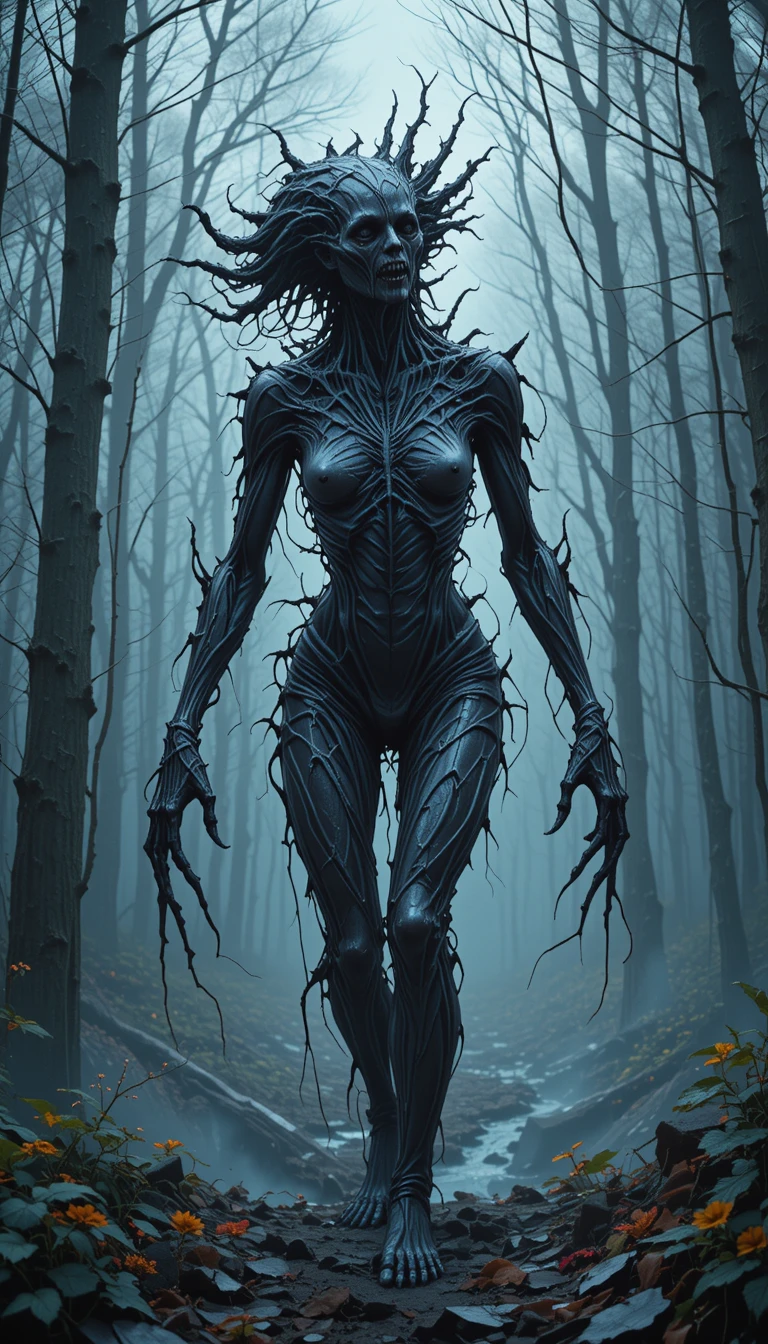 Distorted monster dragging itself through a shadowy forest