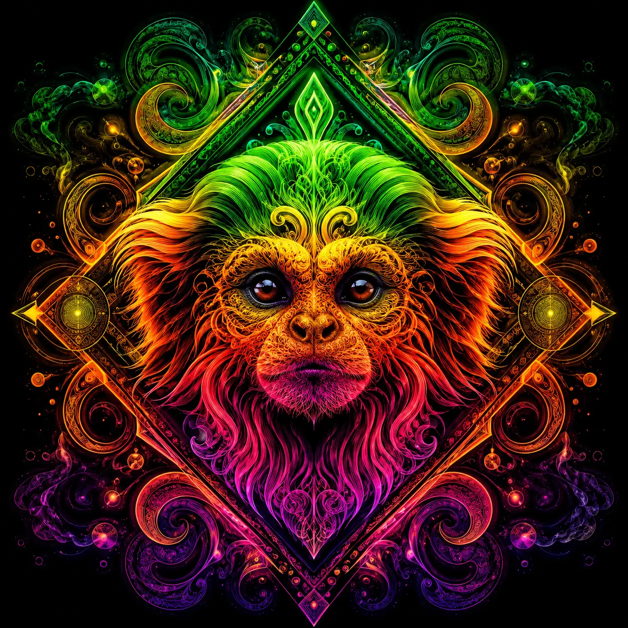 Psychedelic Tamarin Monkey Mandala With Neon Glow
