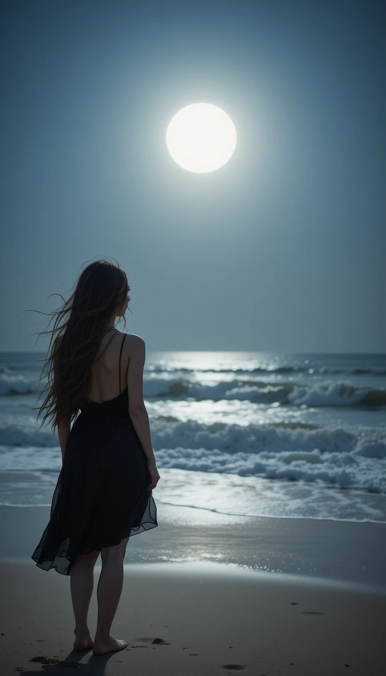 Woman in black dress on a moonlit ocean beach