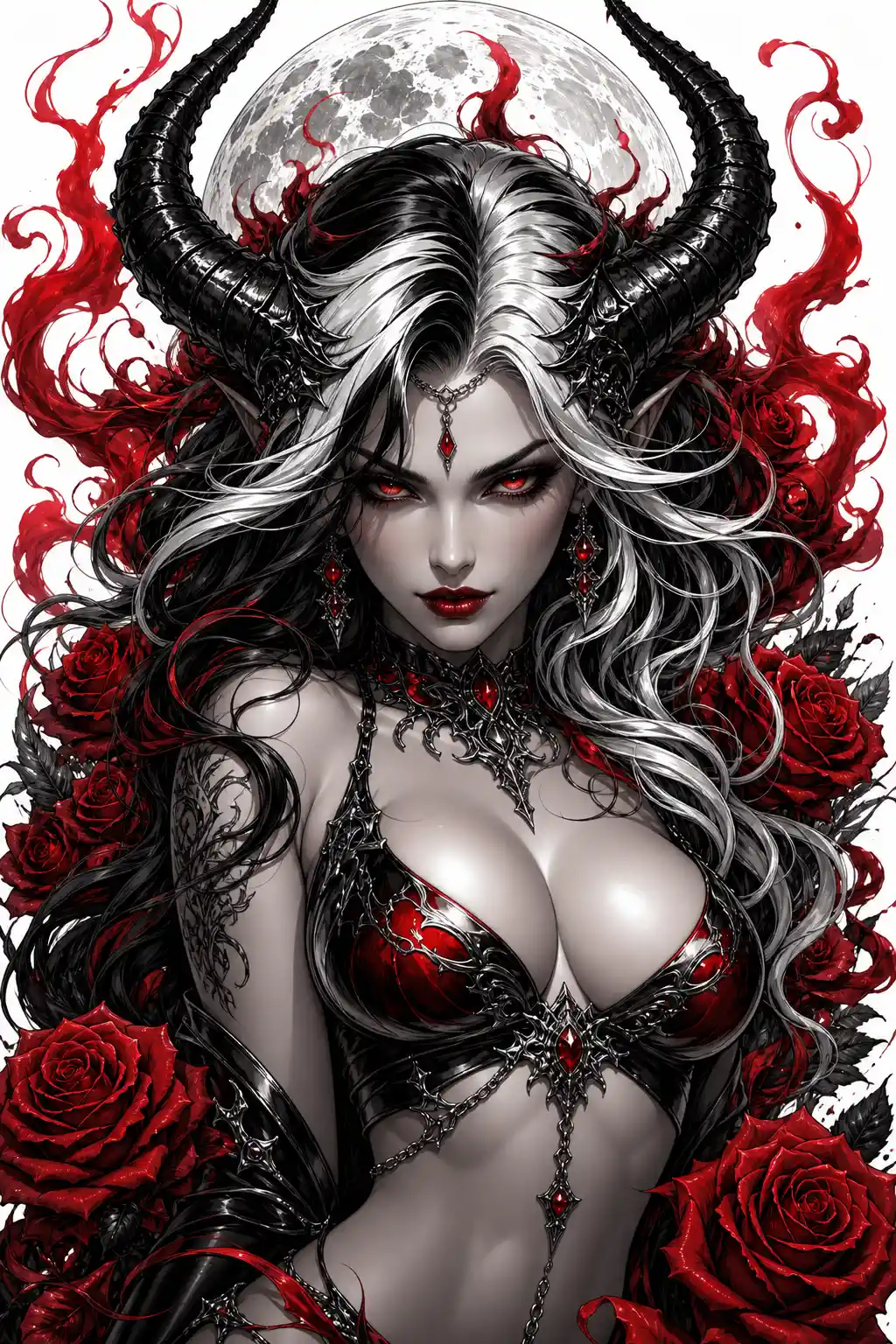 Demonic horned woman with roses and moonlit smoke