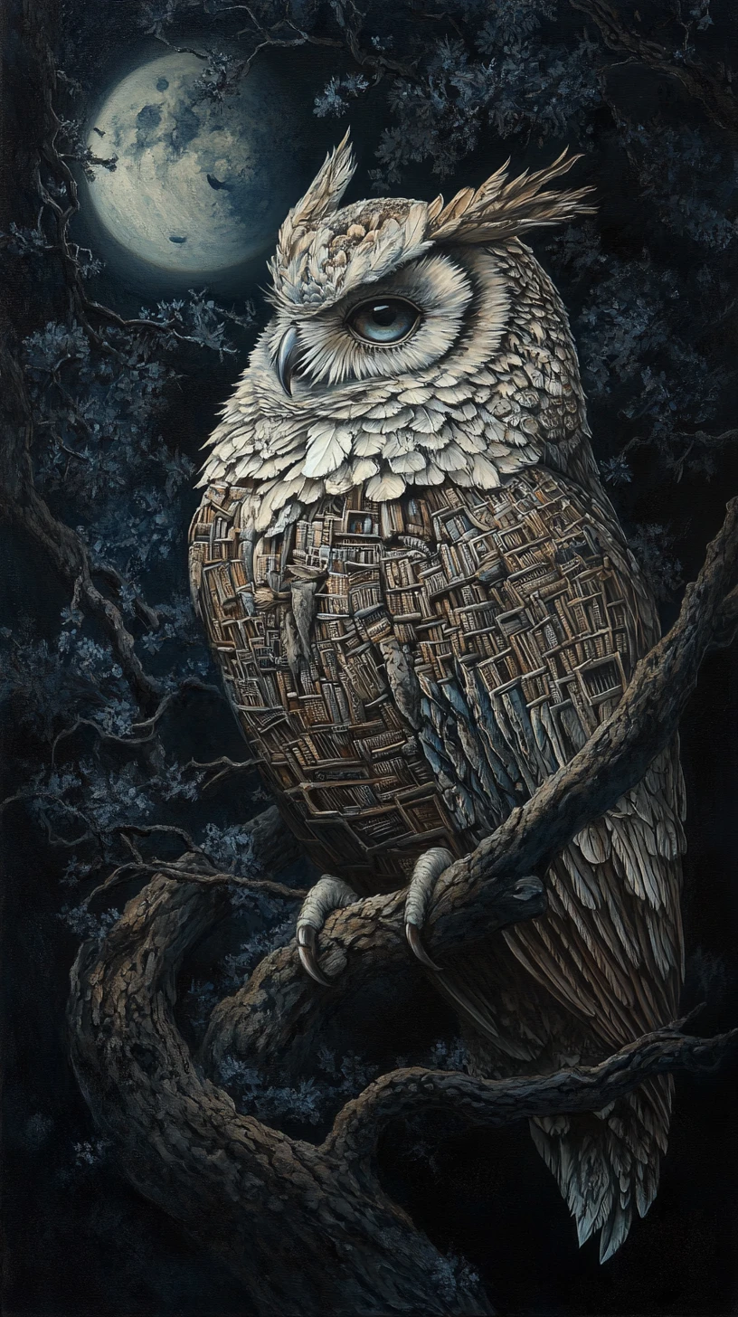 Owl Formed From Books Feathers And Ravens In Moonlit Sky