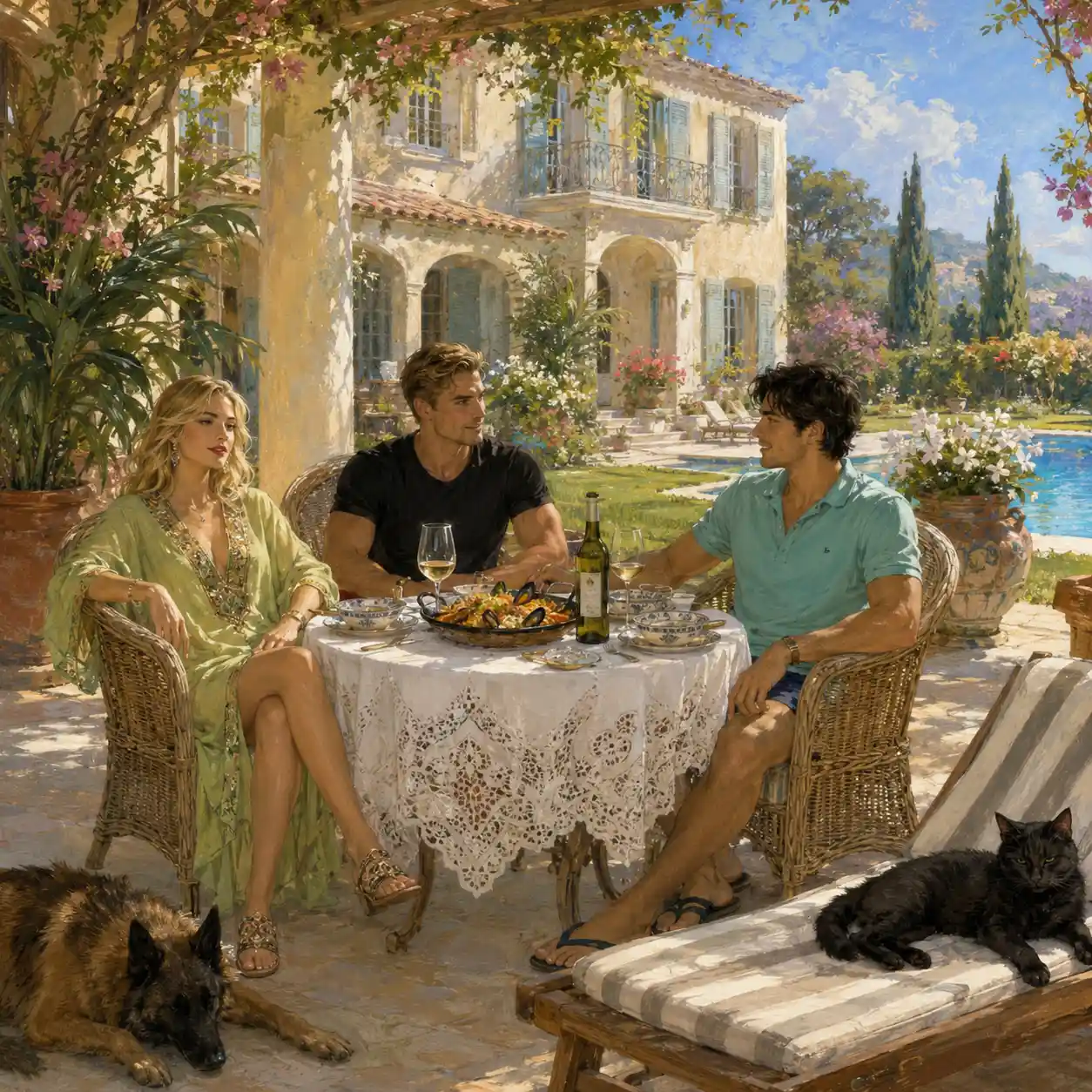 Elegant couple dining on a sunny villa porch