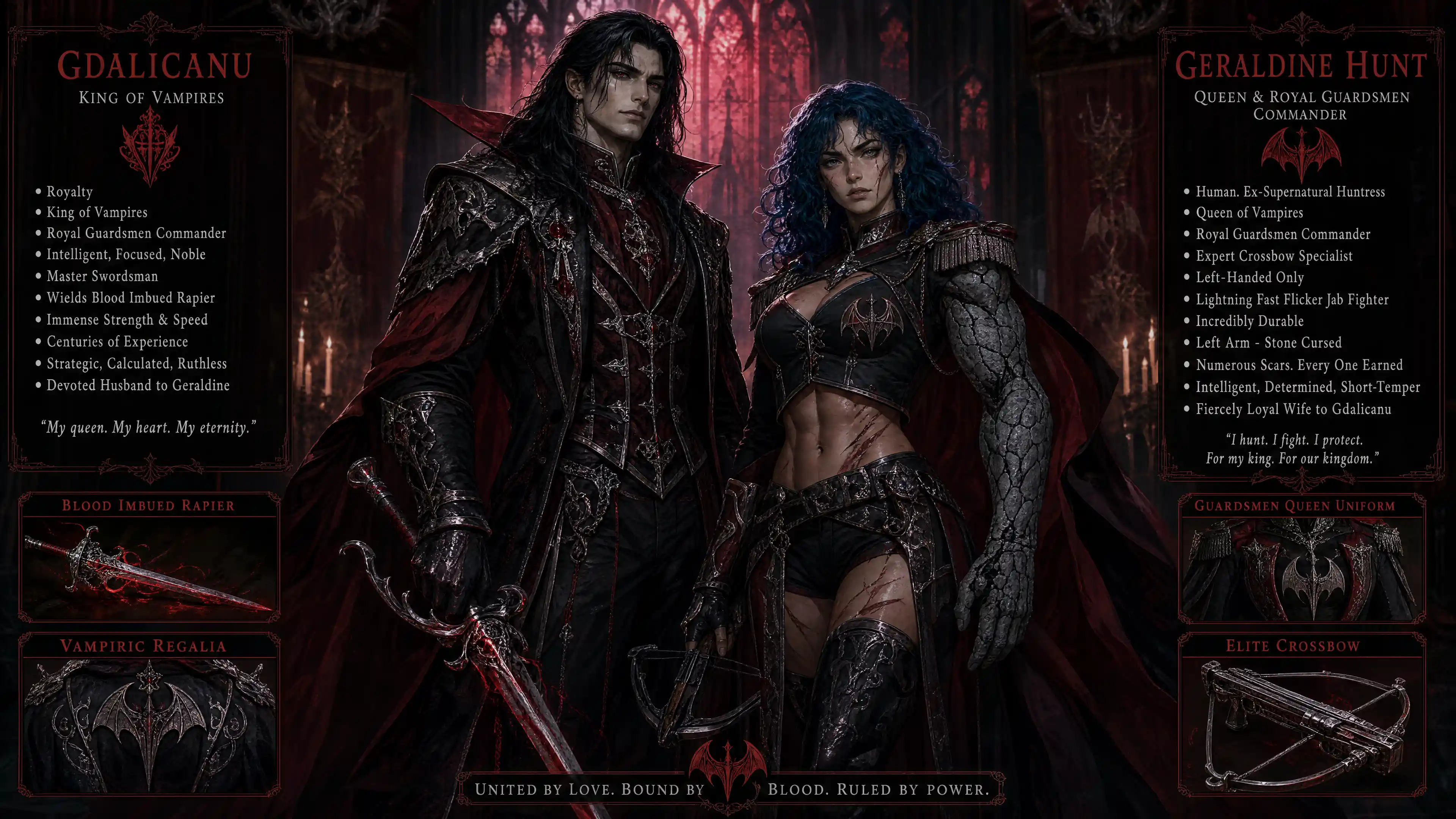 Vampire queen warrior with stone arm and royal armor