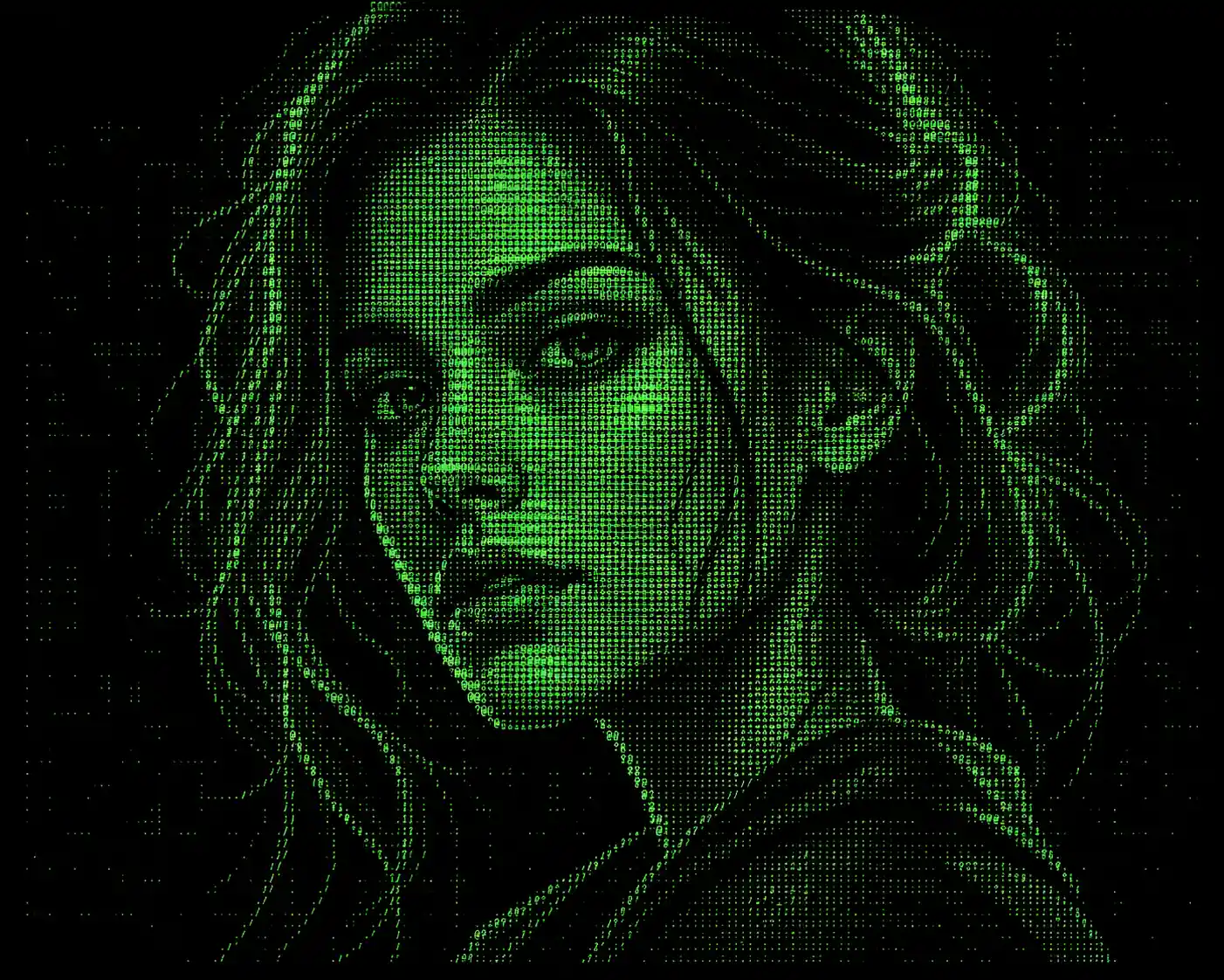 Ascii portrait of a woman with glowing green text
