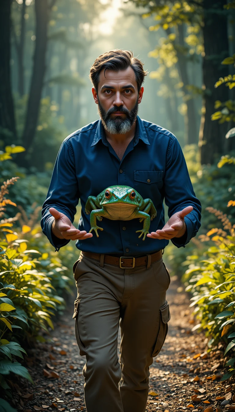 Engineer meeting an emerald frog on a sunlit forest path